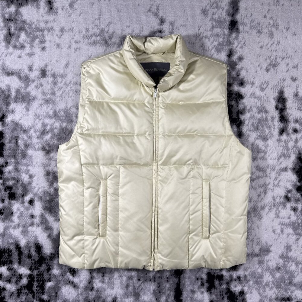 Banana Republic Puffer Vest Womens Size Large Ivory Full Zip Pockets Down Fowl